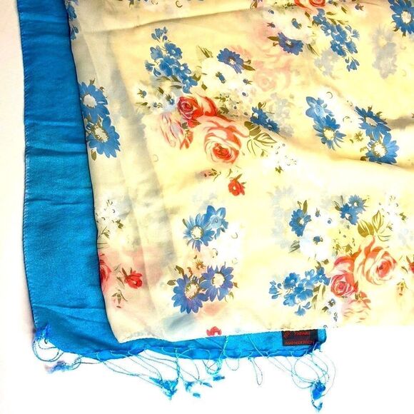 Set of 2 Wraps: Floral Scarf, Pashmina Style Shawl, Turquoise Blue - Picture 4 of 11